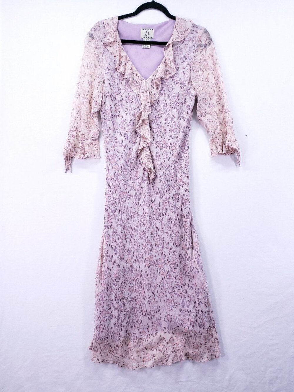 Vintage ICE Midi Dress 100% Silk Womens Size 16 Floral Sequin Ruffle Lightweight